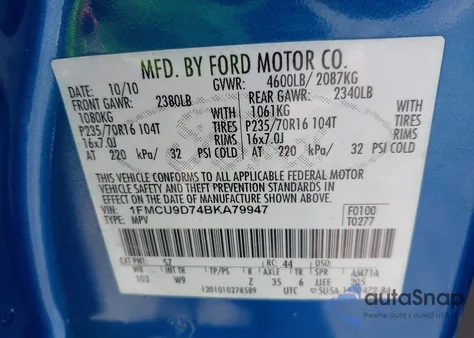 2011 Ford Escape Xlt из США, поврежденный, VIN 1FMCU9D74BKA79947